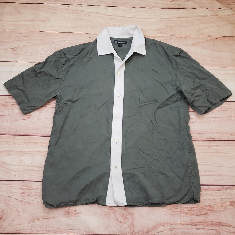 INC International Concepts Mens Small S Green White Bowling Camp Shirt‎ Olive
